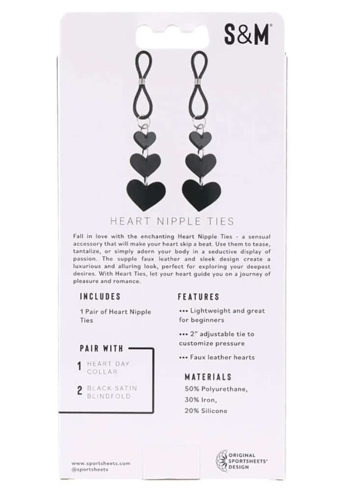 Sex & Mischief Heart Nipple Ties Black package featuring heart design and adjustable ties for beginner pleasure.