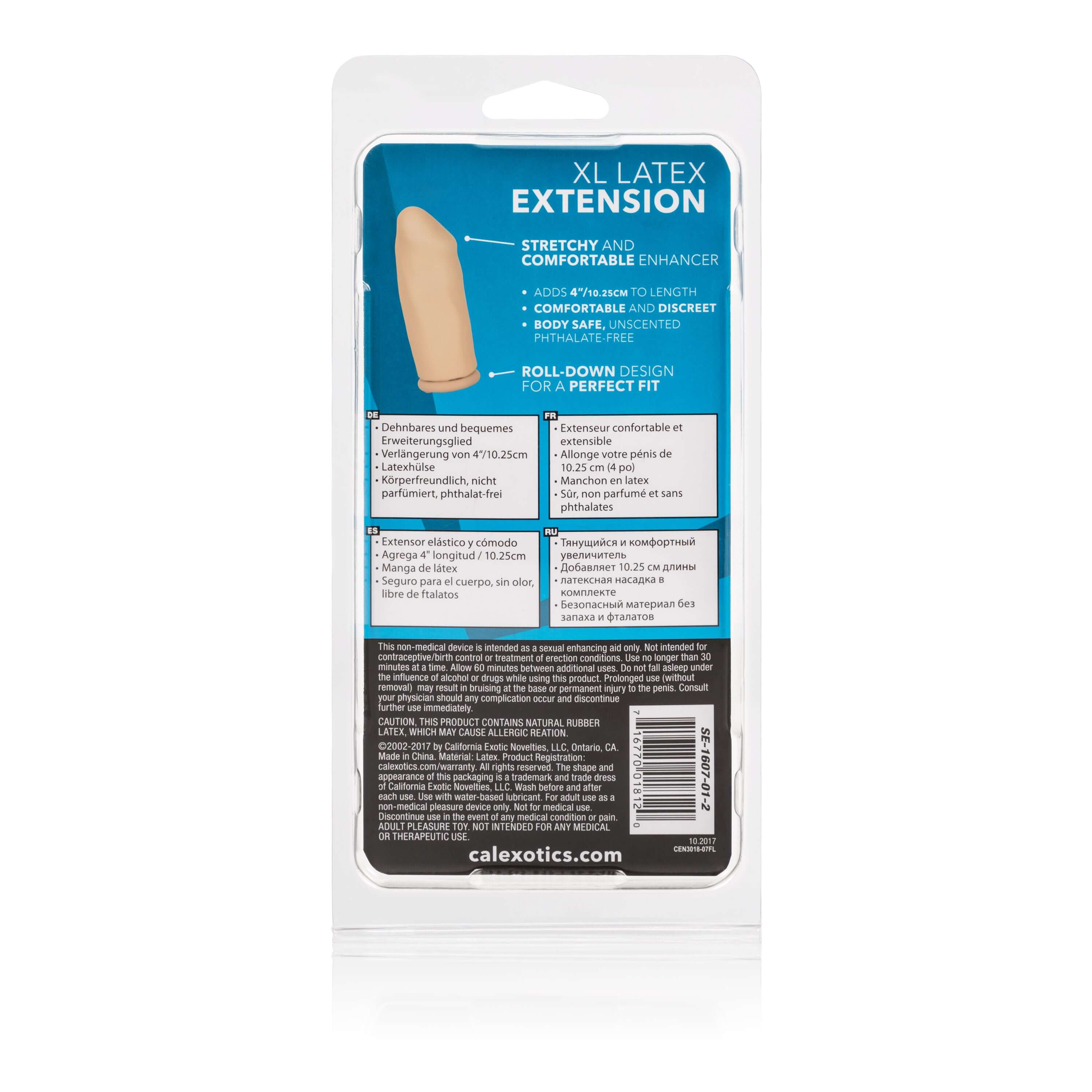 4 Inch Latex Penis Extension Ivory packaging showing features and benefits for enhanced comfort and satisfaction.