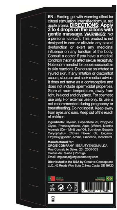 Orgie Orgasmic Drops Intimate Arousal Gel Red Apple 1 Oz packaging with directions and warnings for use.