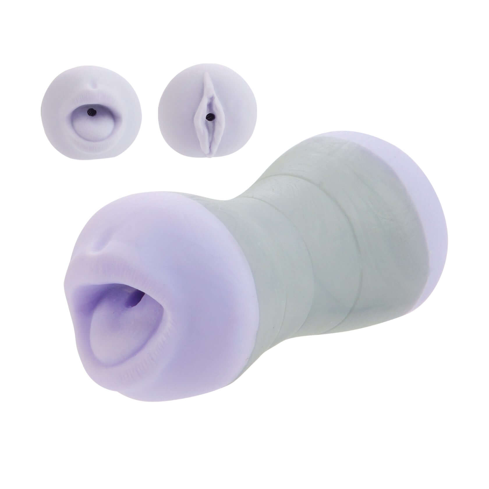 Travel Gripper BJ & Pussy Masturbator showcasing dual-ended design and realistic textures for enhanced pleasure.