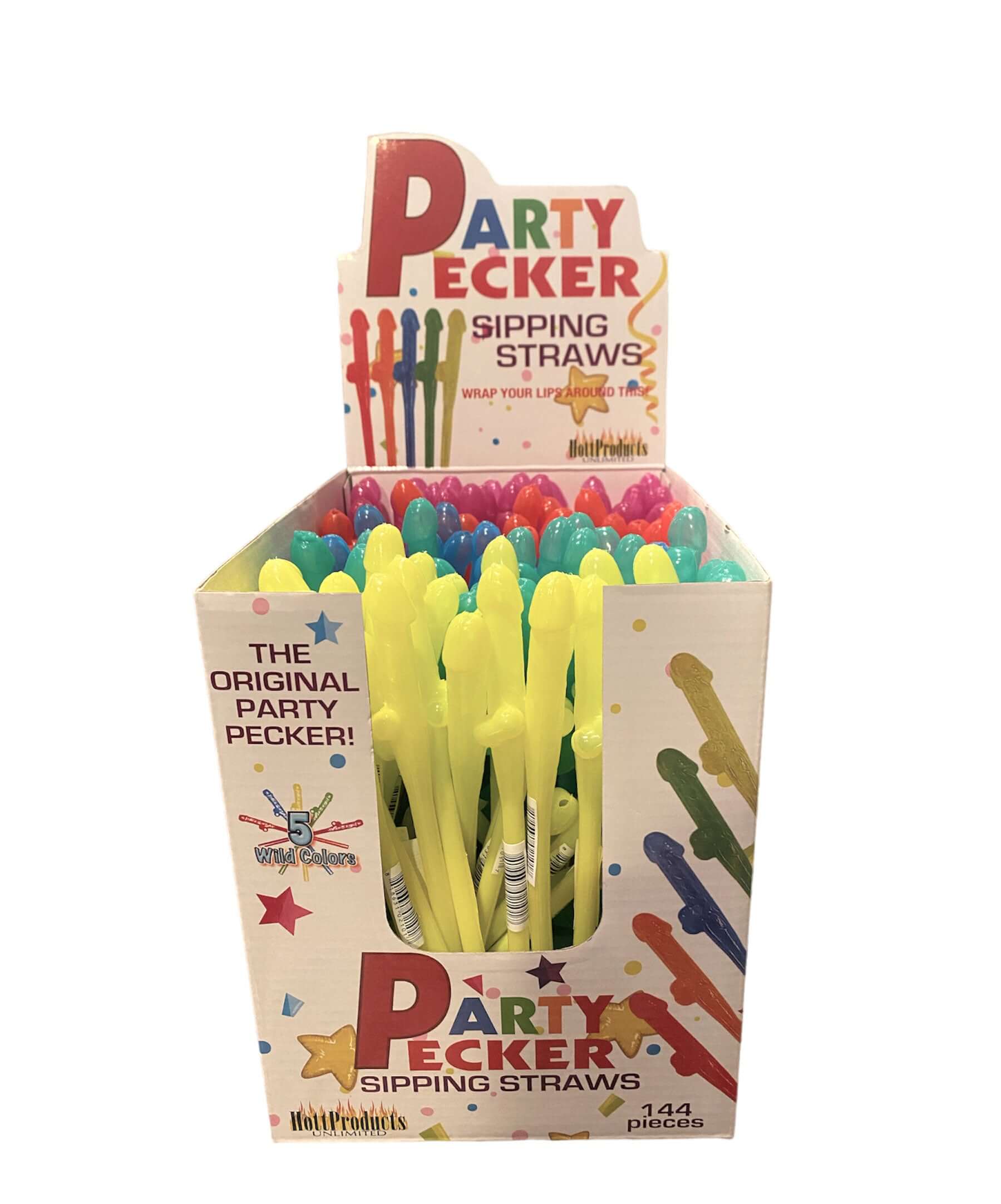 Party Pecker Sipping Straws 5 Assorted Colors 144 Pcs Display in colorful packaging with yellow and bright straws.
