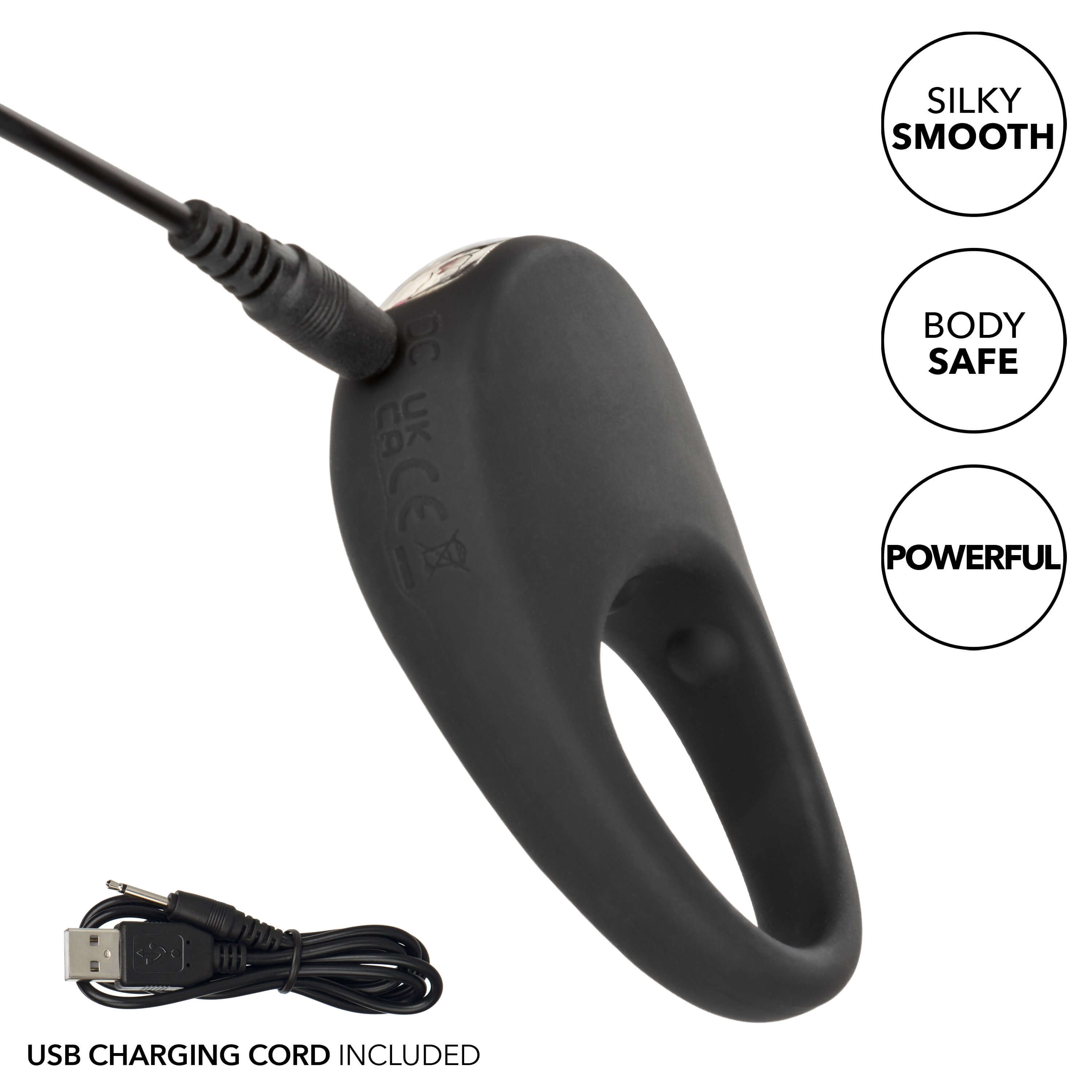 Silicone Rechargeable Pleasure Ring Black with USB charging cord, silky smooth, body safe, and powerful design.