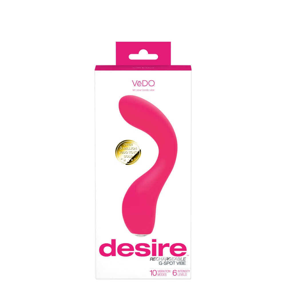 Vedo Desire Rechargeable G-Spot Vibe - Pink in packaging with 10 vibration modes and 6 intensity levels.