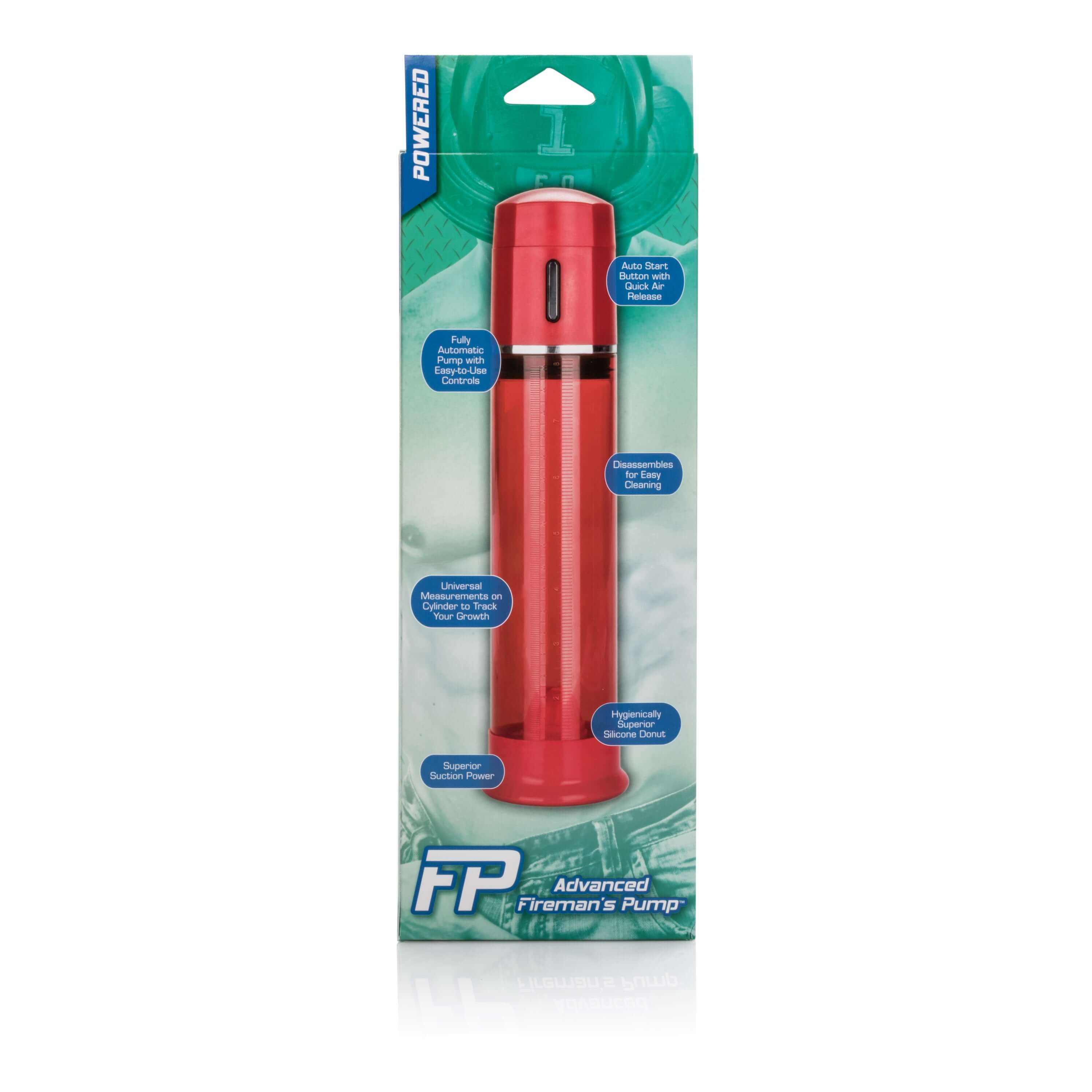 Advanced Firemans Penis Pump Red in packaging with features highlighted for performance enhancement.