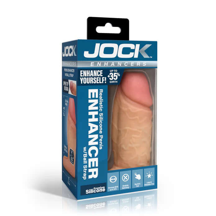 Jock Silicone Penis Extension Sleeve Light packaging showcasing realistic silicone design for enhanced girth and sensation.