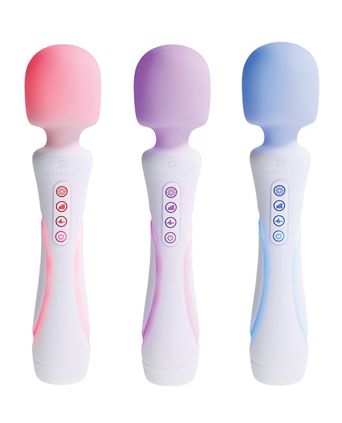 Illumination THE Wand Massager White in pink, purple, and blue colors showcasing customizable LED illumination.