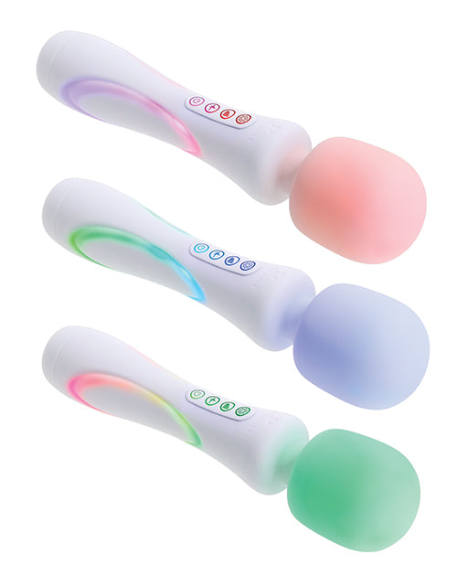 Illumination THE Wand Massager White showcasing three customizable LED light settings and ergonomic design.