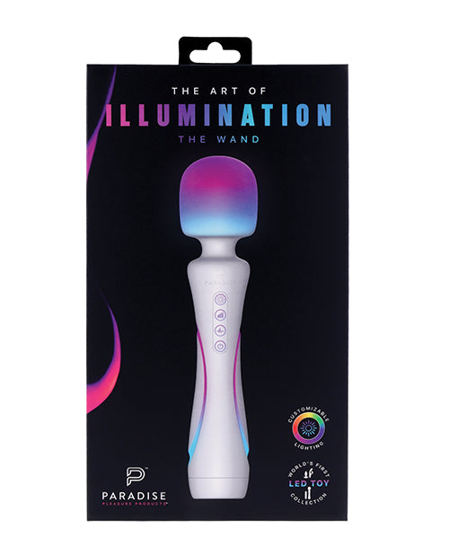 Illumination THE Wand Massager White packaging featuring customizable LED lighting and elegant design.