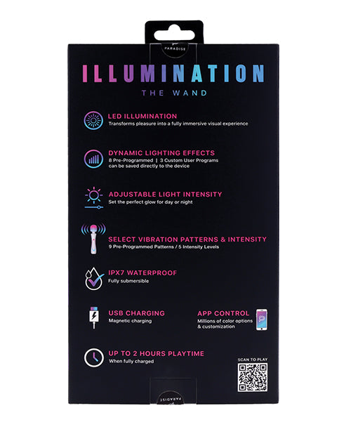 Illumination THE Wand Massager White packaging showcasing LED features and app control options.