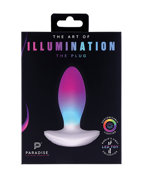 Illumination THE Plug Vibrator White packaging featuring customizable LED lighting and unique design.