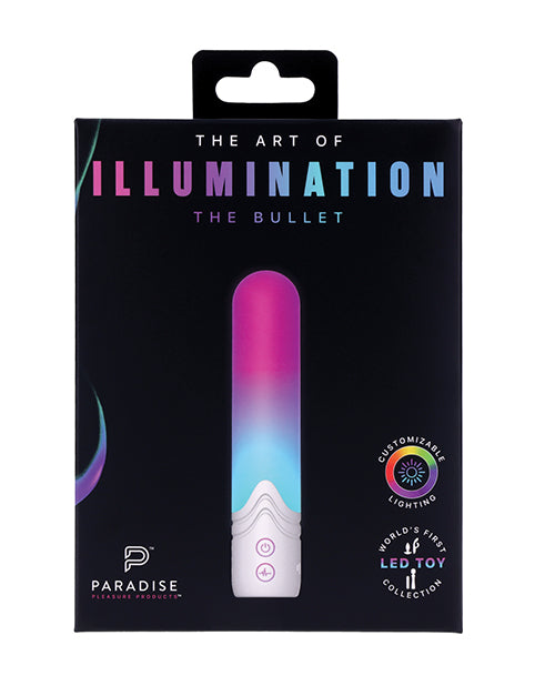 Illumination THE Bullet Vibrator White packaging showcasing customizable LED lighting features in a sleek design.