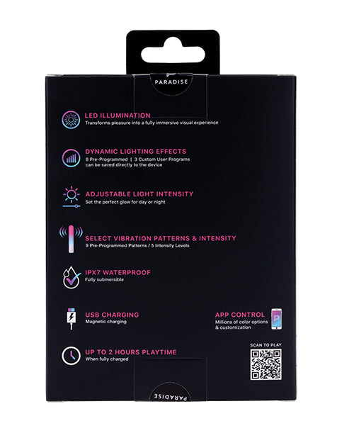 Illumination THE Bullet Vibrator White packaging features LED illumination, adjustable light intensity, and app control options.