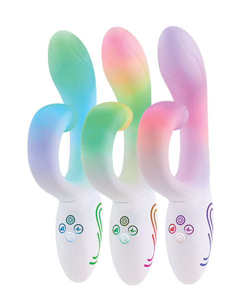 Illumination THE Rabbit Vibrator White in three vibrant colors with customizable LED lighting features.