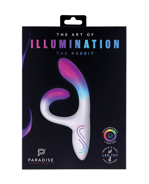 Illumination THE Rabbit Vibrator White packaging design featuring customizable LED lighting and elegant aesthetics.