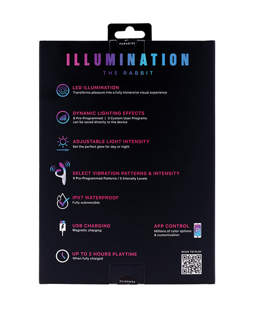 Illumination THE Rabbit Vibrator White packaging features LED illumination, dynamic lighting effects, and adjustable intensity.