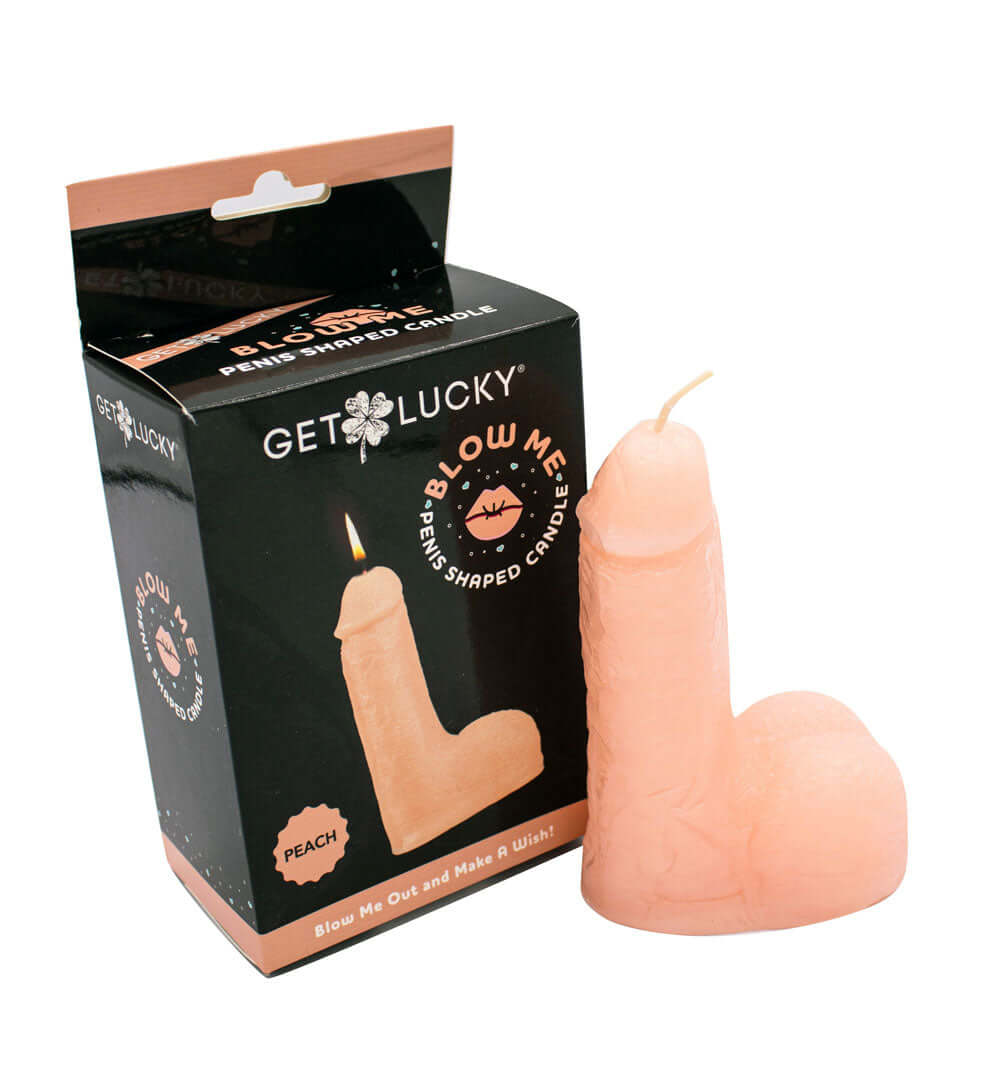Blow Me Penis Candle Peach in packaging, fun novelty candle for adult parties.