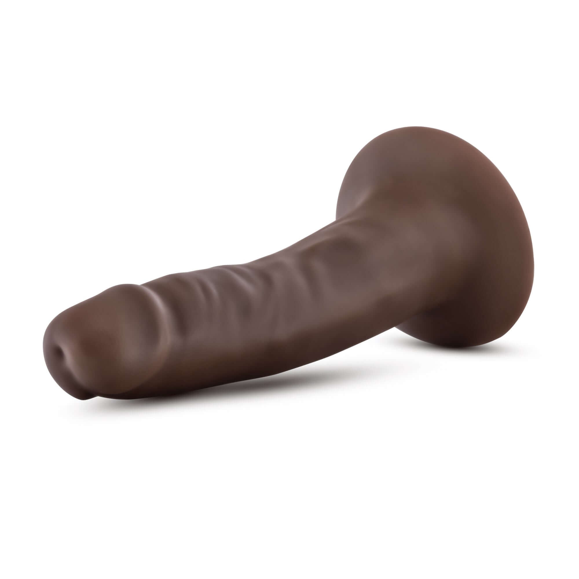 Dr Skin 5.5 Inch Cock with Suction Cup Chocolate placed on a white background, showcasing its realistic design.