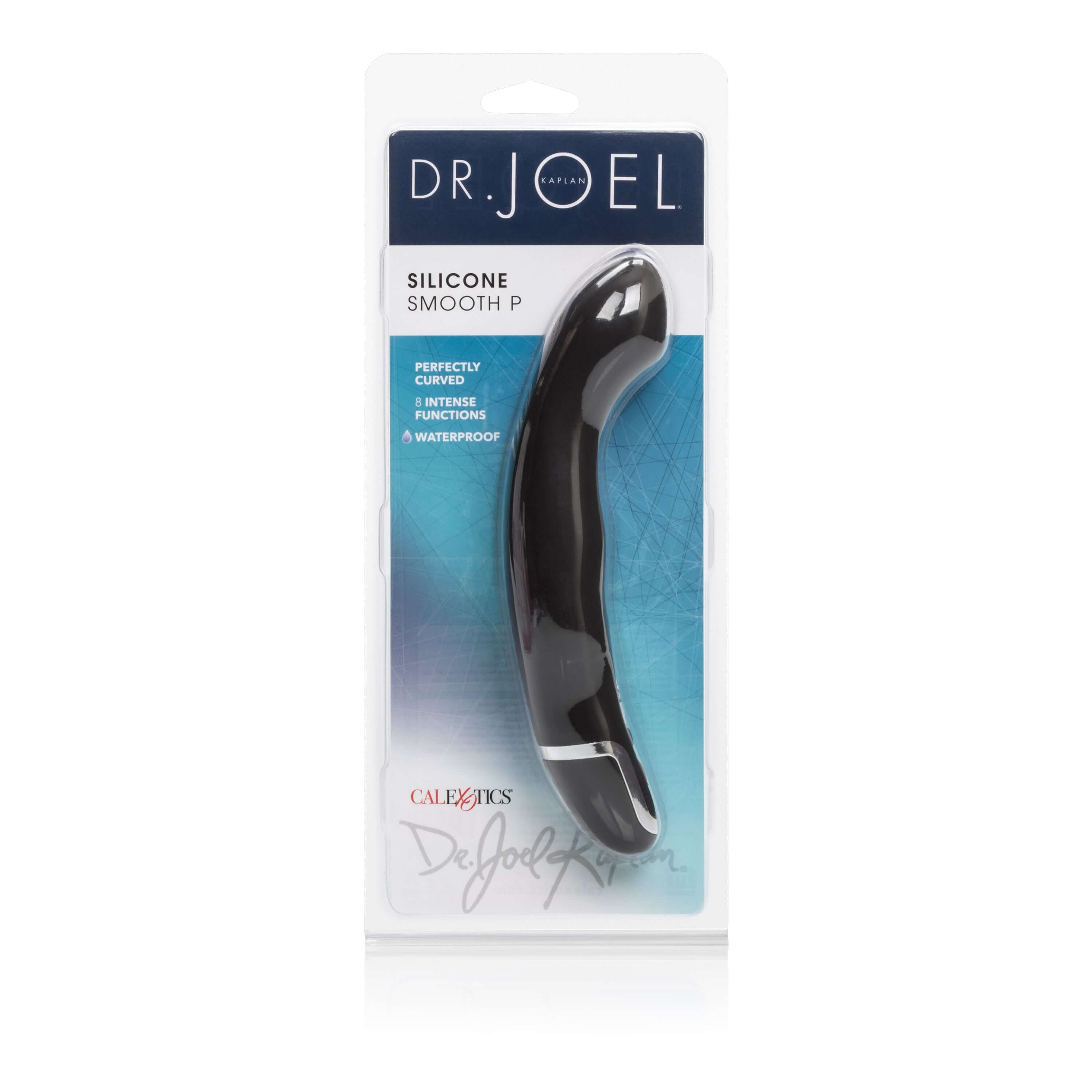 Dr Joel Silicone Smooth Prostate Massager in packaging showcasing its curved design for targeted stimulation.