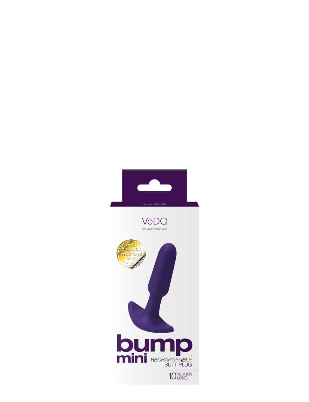 Vedo Bump Mini Rechargeable Anal Plug Purple packaging showing compact design and features.