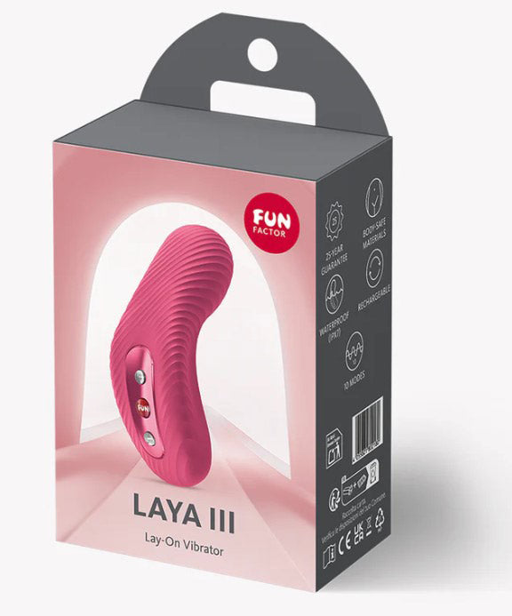 Fun Factory Laya III Lay-on Vibrator Magenta packaging showcasing its ergonomic design and features.