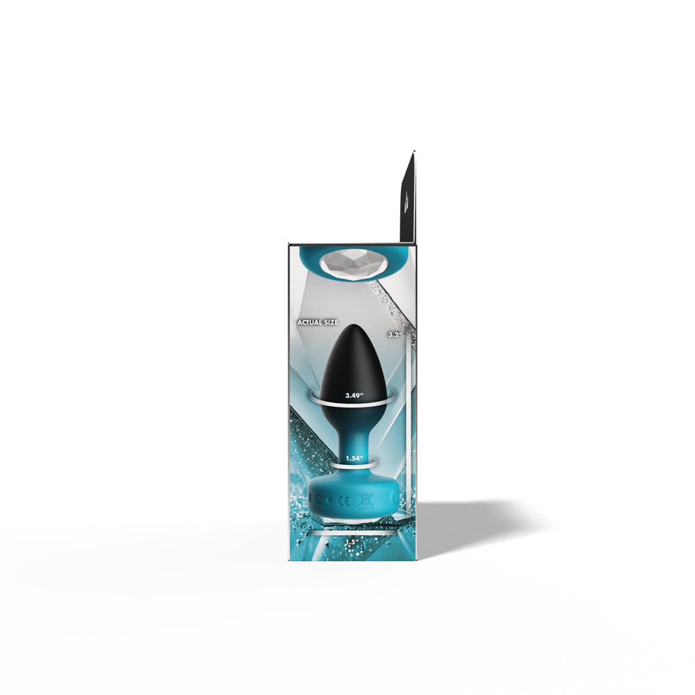 Cheeky Charms Eluxe Vibrating Anal Plug Small Teal packaging showcasing design and features.