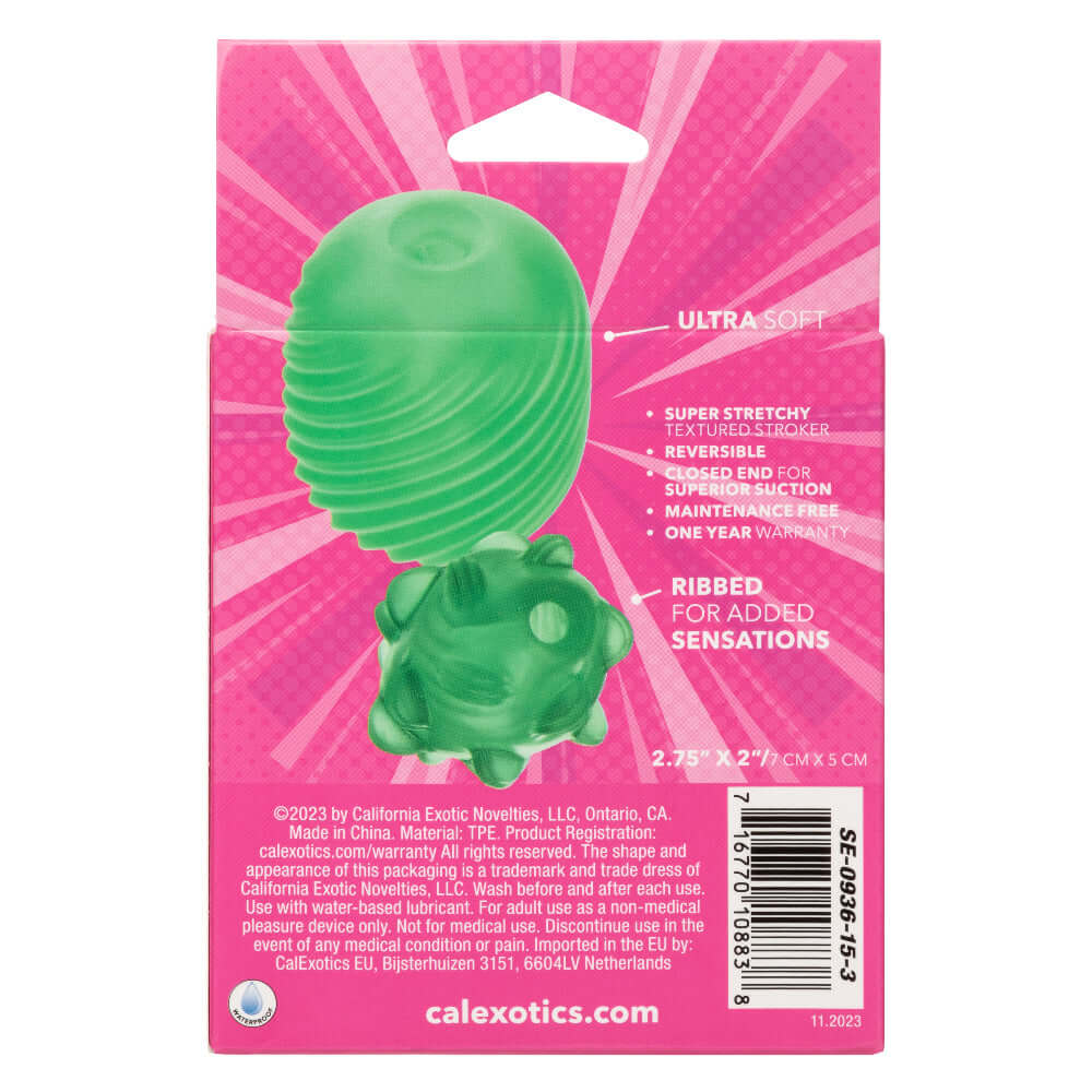 Pop Sock Textured Stroker Green packaging showcasing its ultra-soft, super stretchy design and ribbed textures for added sensations.