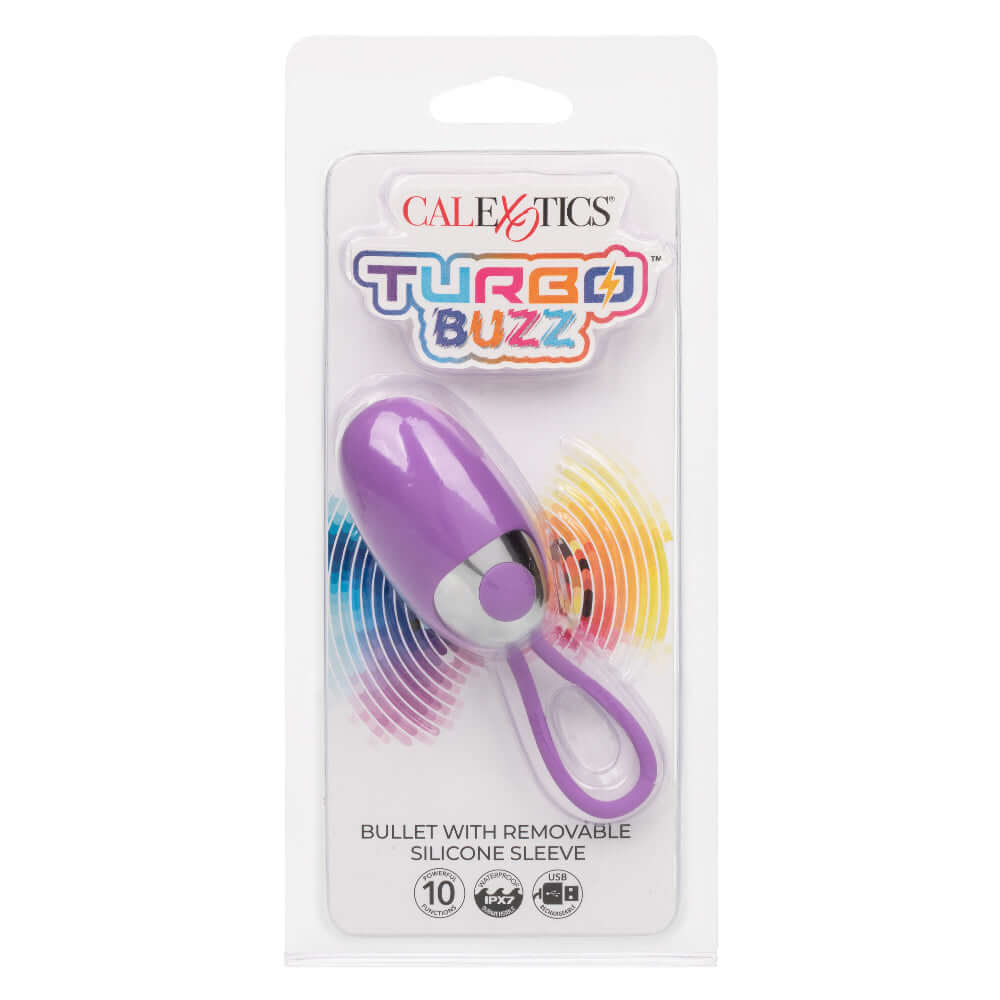 Turbo Buzz Bullet with Removable Silicone Sleeve in packaging - Purple compact vibrator with 10 functions for versatile and intense pleasure