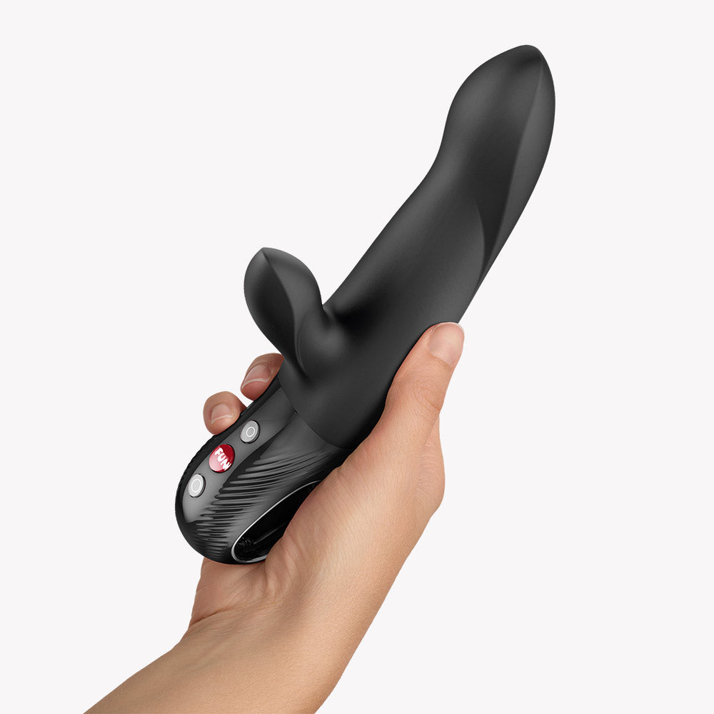 Fun Factory Bi Stronic Arc Vibrator Black held in hand showcasing its design and features.