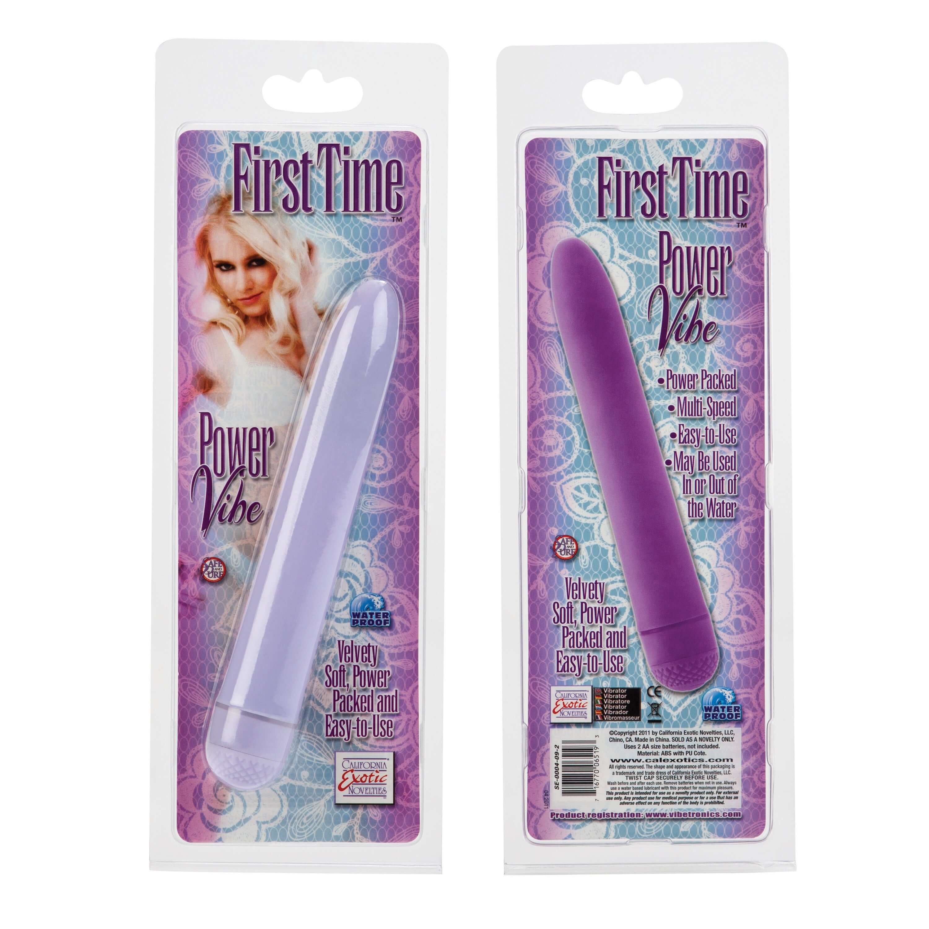 First Time Power Vibe Purple personal massager package featuring a velvety soft vibrator for beginners and enthusiasts.
