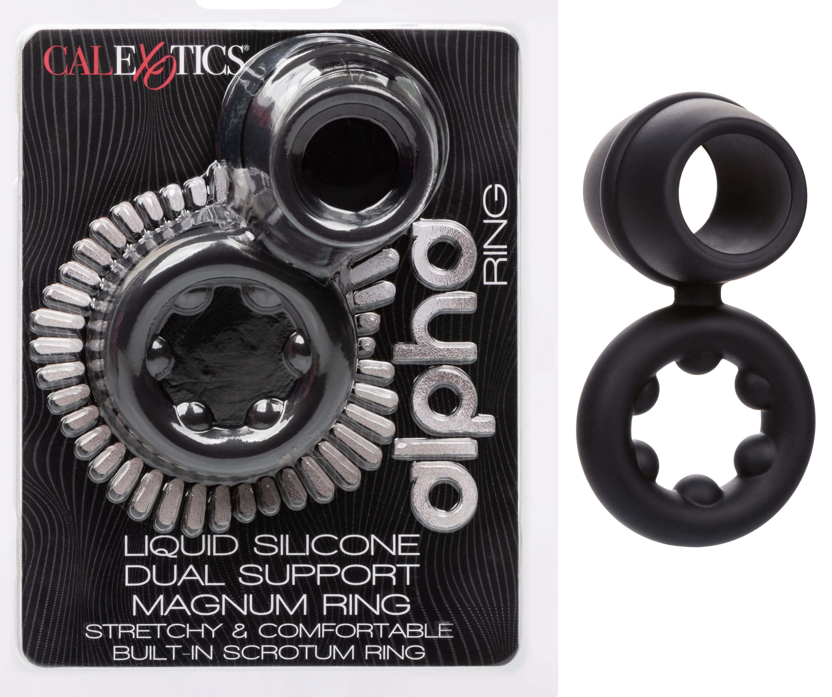 Alpha Liquid Silicone Dual Support Magnum Ring Black packaging and product view for enhanced comfort and support.