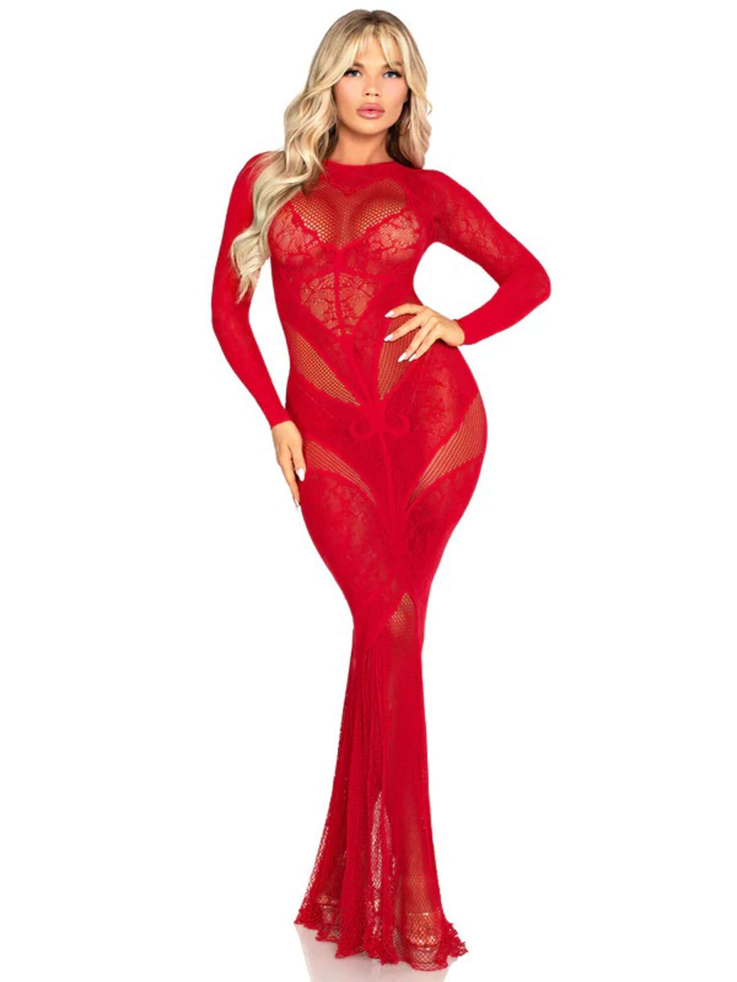 Red lace and net body con gown with heart keyhole detail, Leg Avenue, one size, elegant evening wear.