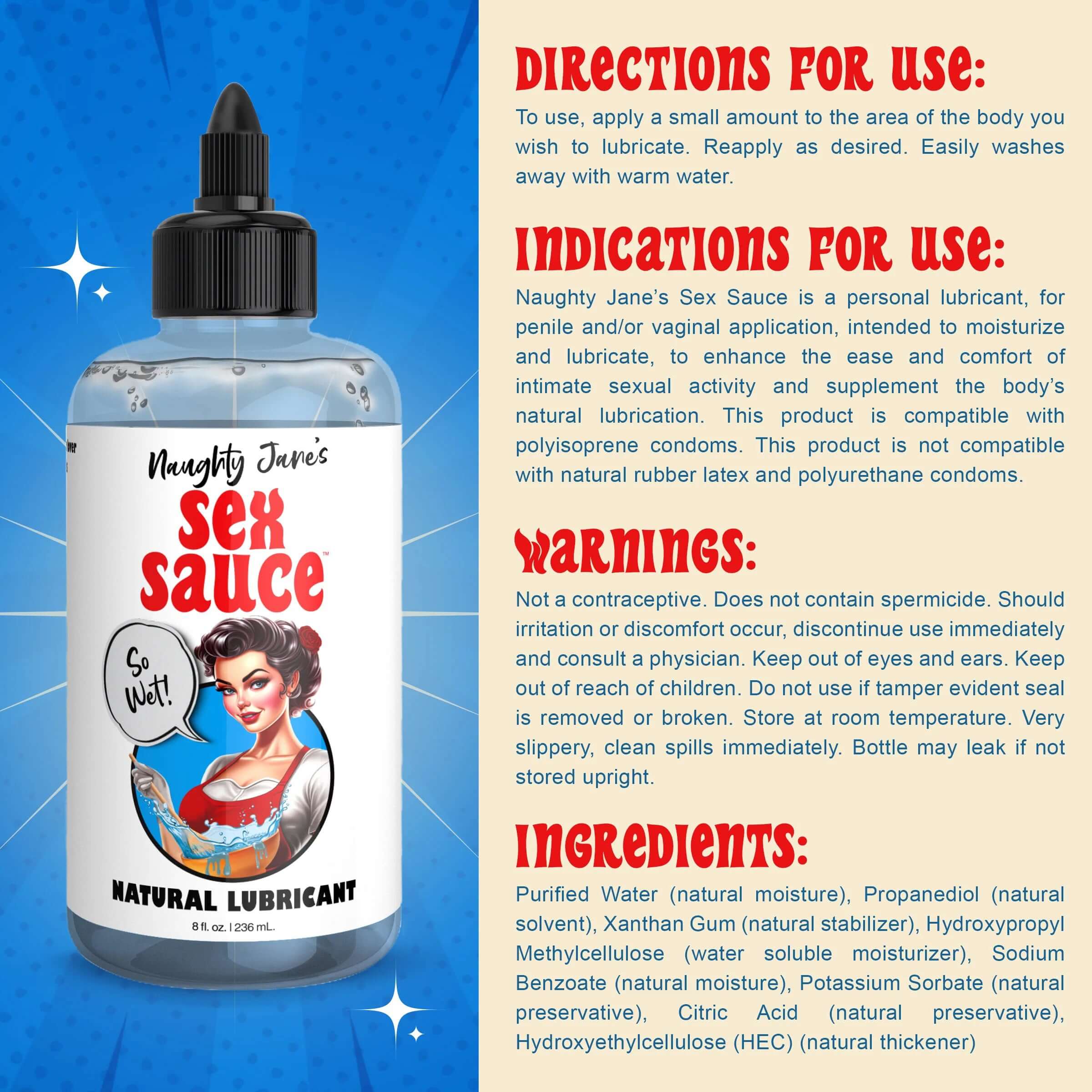 Naughty Jane's Sex Sauce Natural Lubricant 8oz bottle with directions, indications, warnings, and ingredients on blue background