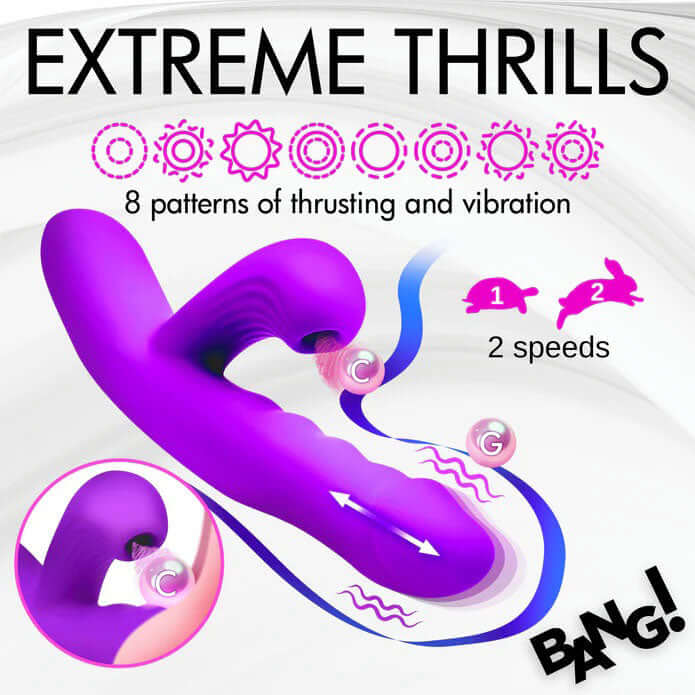 Bang Thrusting and Sucking Rabbit Vibrator Purple with 8 patterns and 2 speeds for intense stimulation.