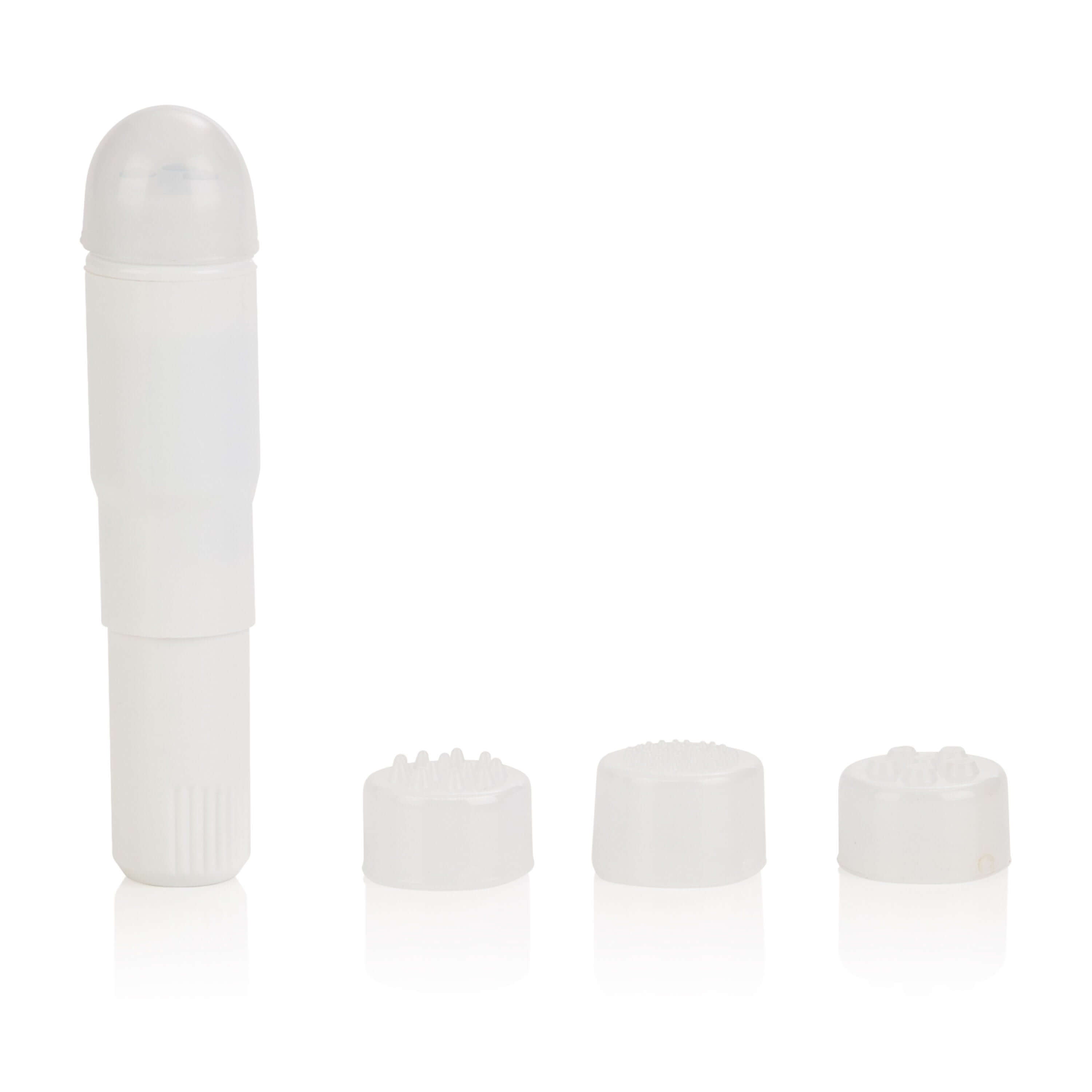 Compact Waterproof Personal Massager With 4 Tips White, lightweight personal massager with multiple attachments.