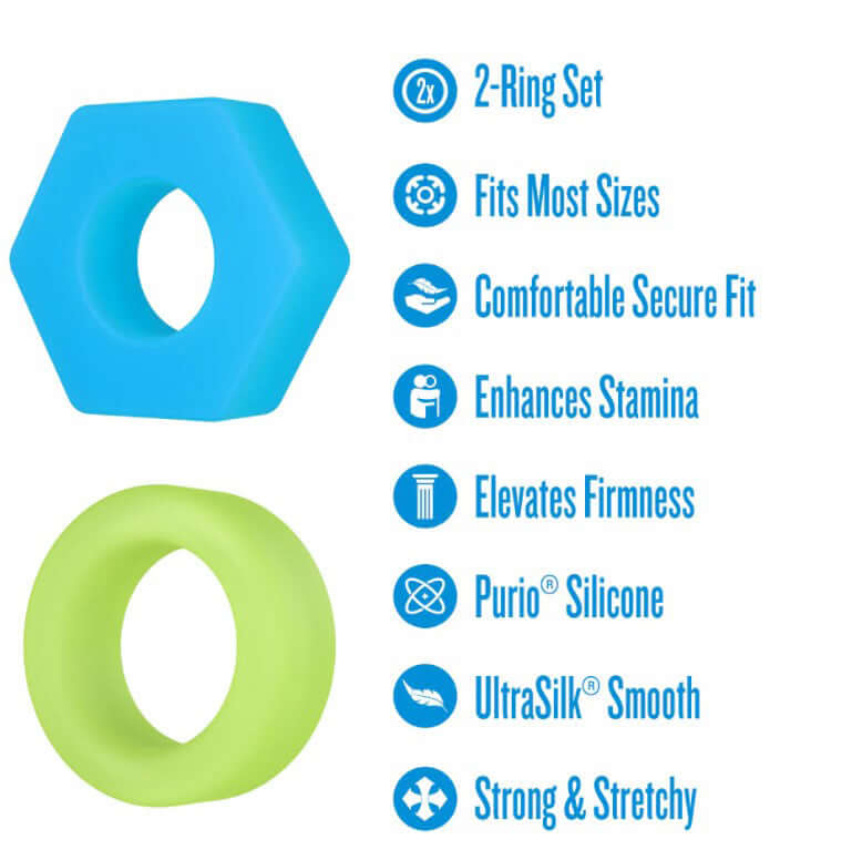 Performance Plus Flash Silicone Glow in the Dark Cock Ring Set features 2 rings, fits most sizes, enhances stamina, made with Purio® silicone.