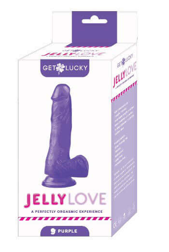 Get Lucky 9 Inch Jelly Dong Purple packaging displaying a jelly dildo designed for pleasurable experiences.