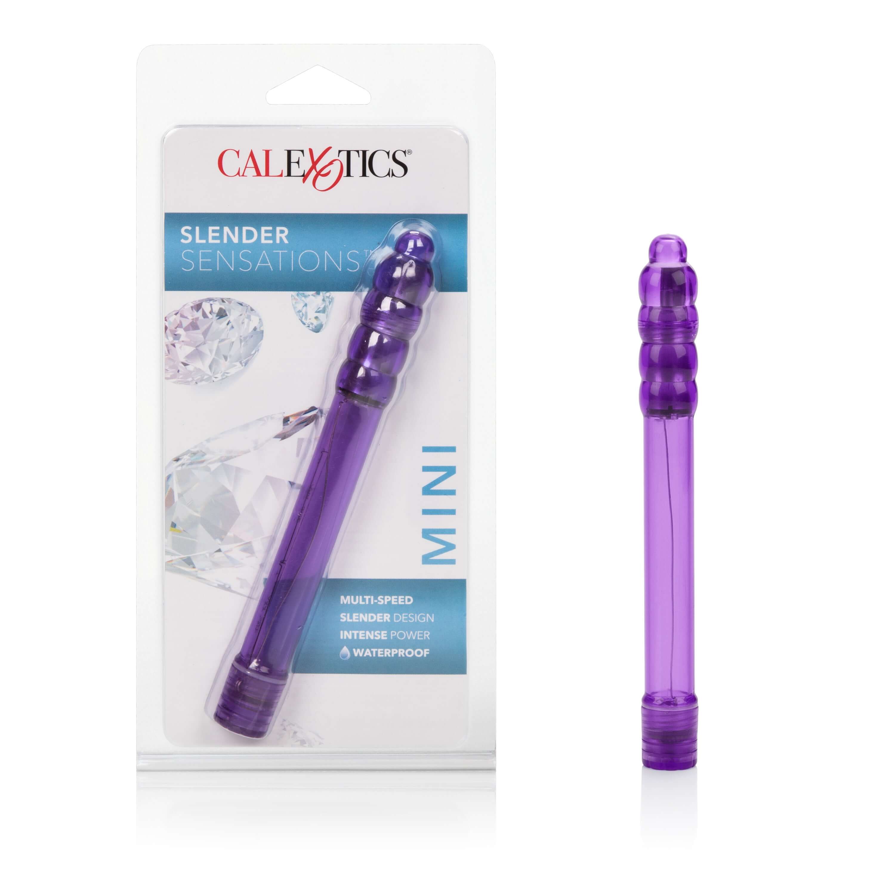 Slender Sensations Mini Vibrator Purple in packaging showcasing its sleek design and features.