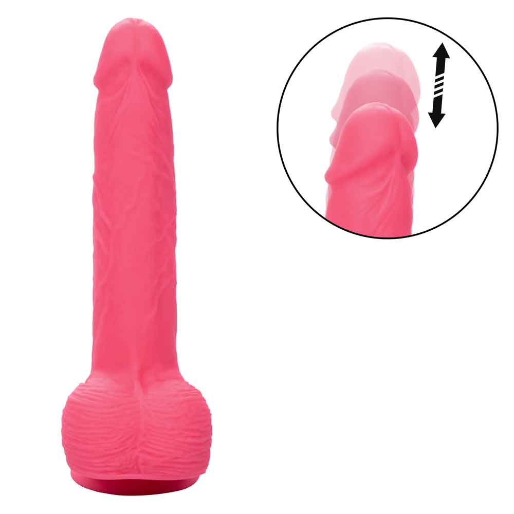 Rechargeable rumbling and thrusting silicone studs - pink vibrating dildo with lifelike texture and thrusting action.