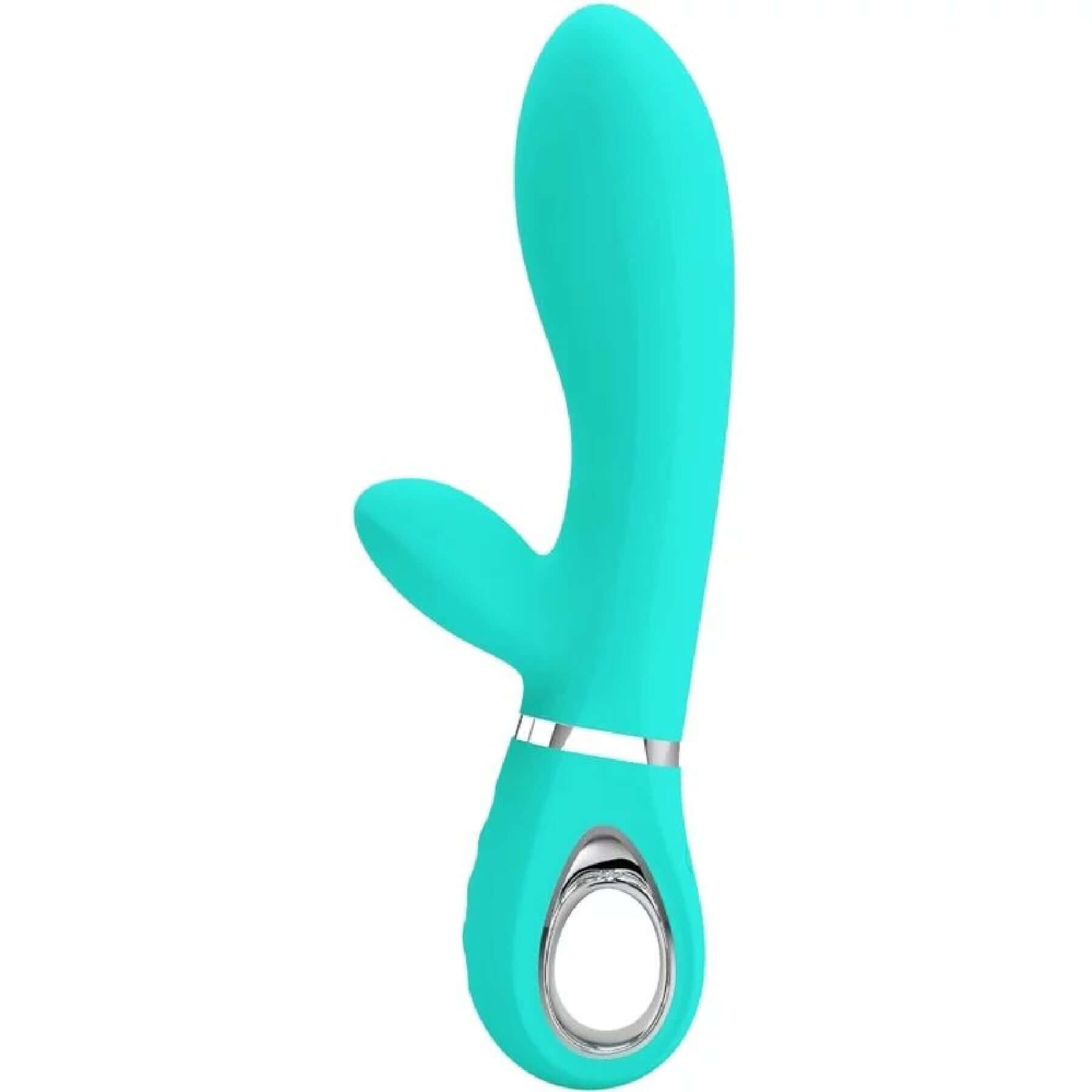 Thomas Super Soft Silicone Rabbit Vibrator in Turquoise with 7 vibration functions and sleek head designed for intense pleasure.