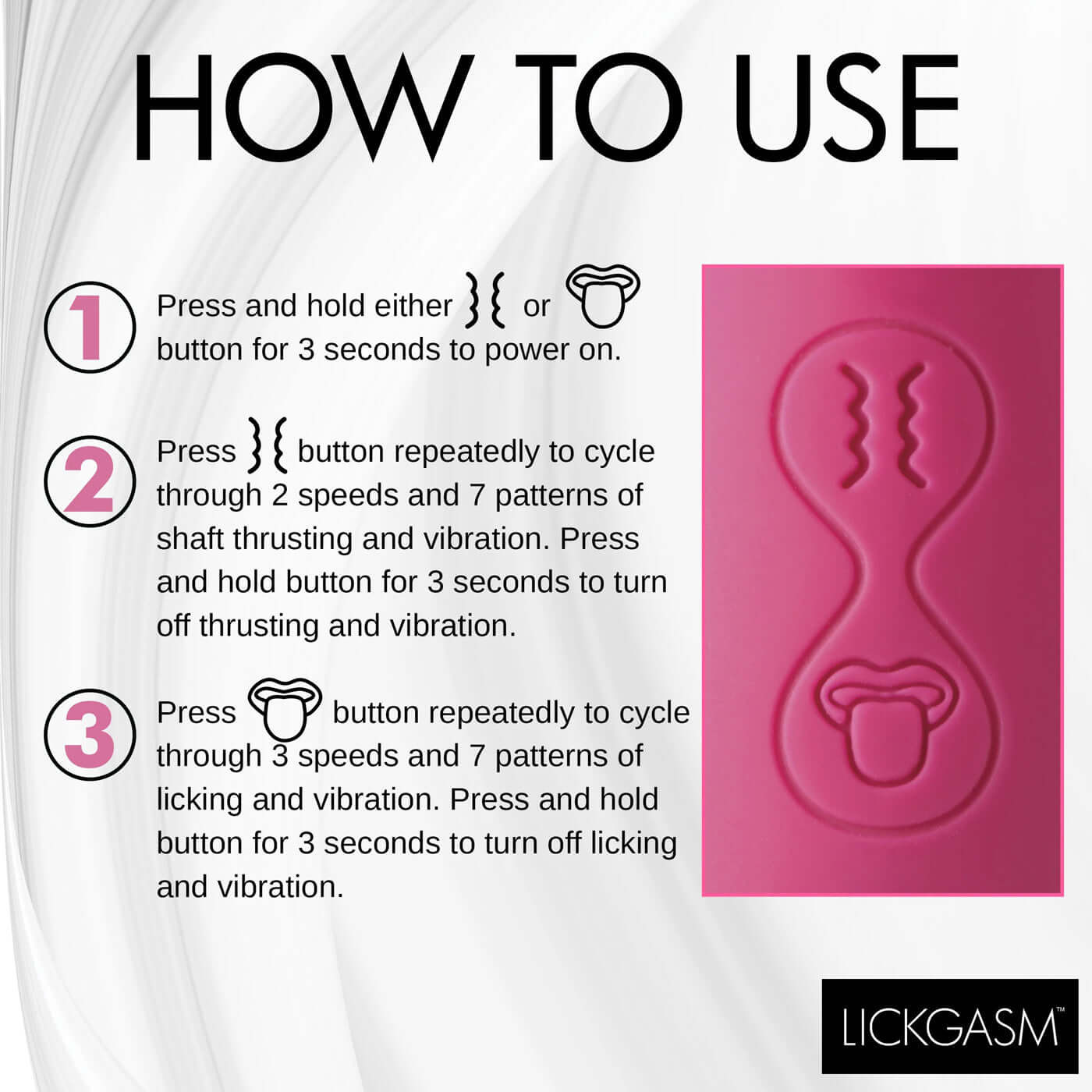 Instructions on how to use the Thrusting and Licking Vibrator with image of control buttons and text explanations on functions and settings.