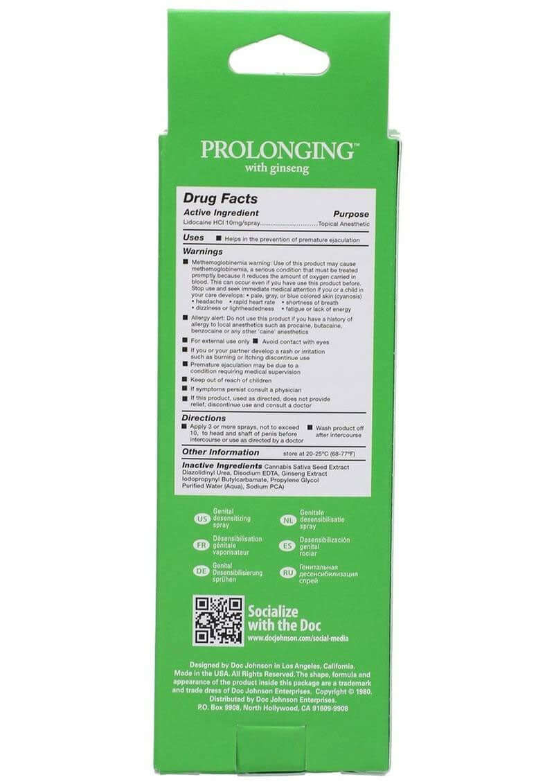 Prolonging Delay Spray for Men 2 Oz back packaging with drug facts and instructions