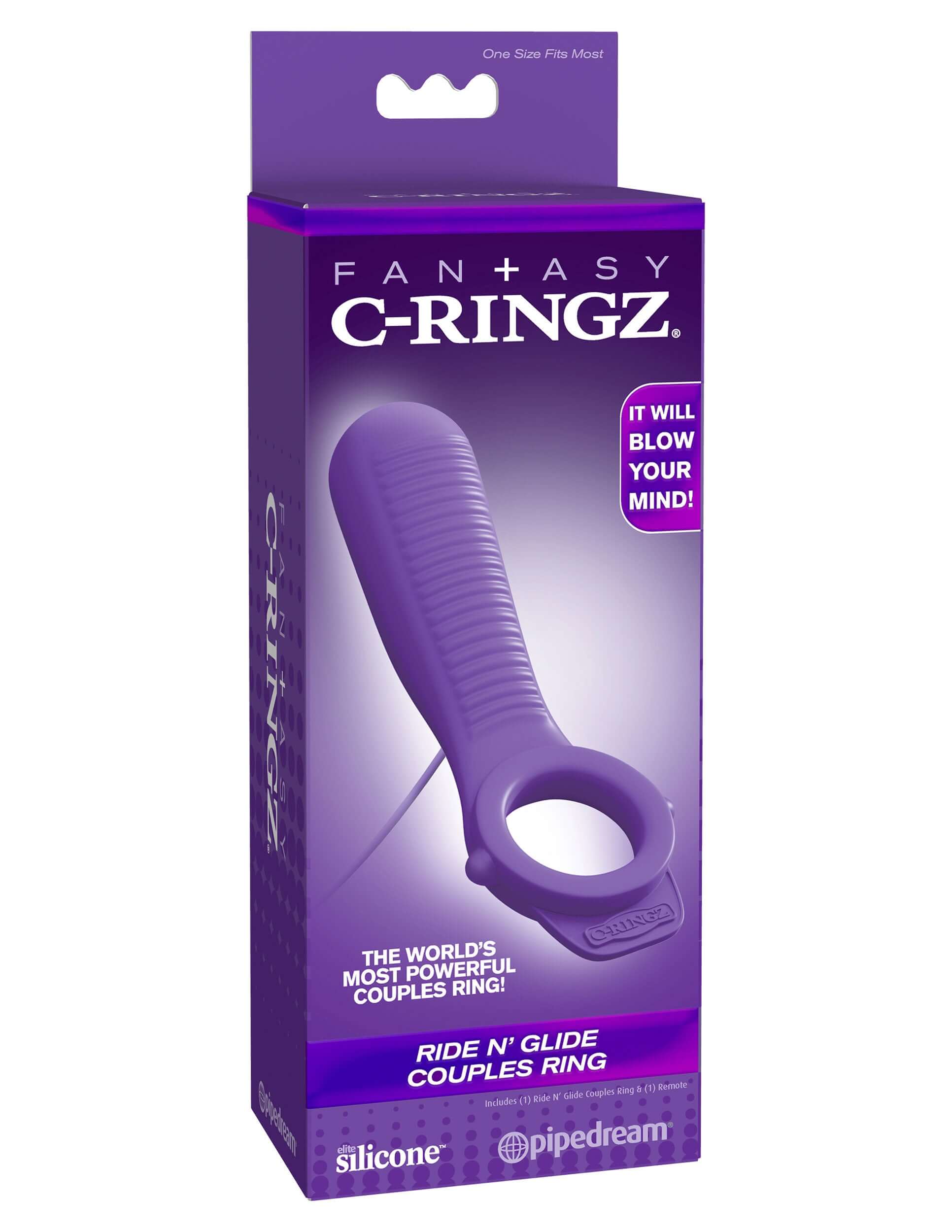 Fantasy C-Ringz Ride n Glide Couples Ring packaging showcasing its sleek design and features.
