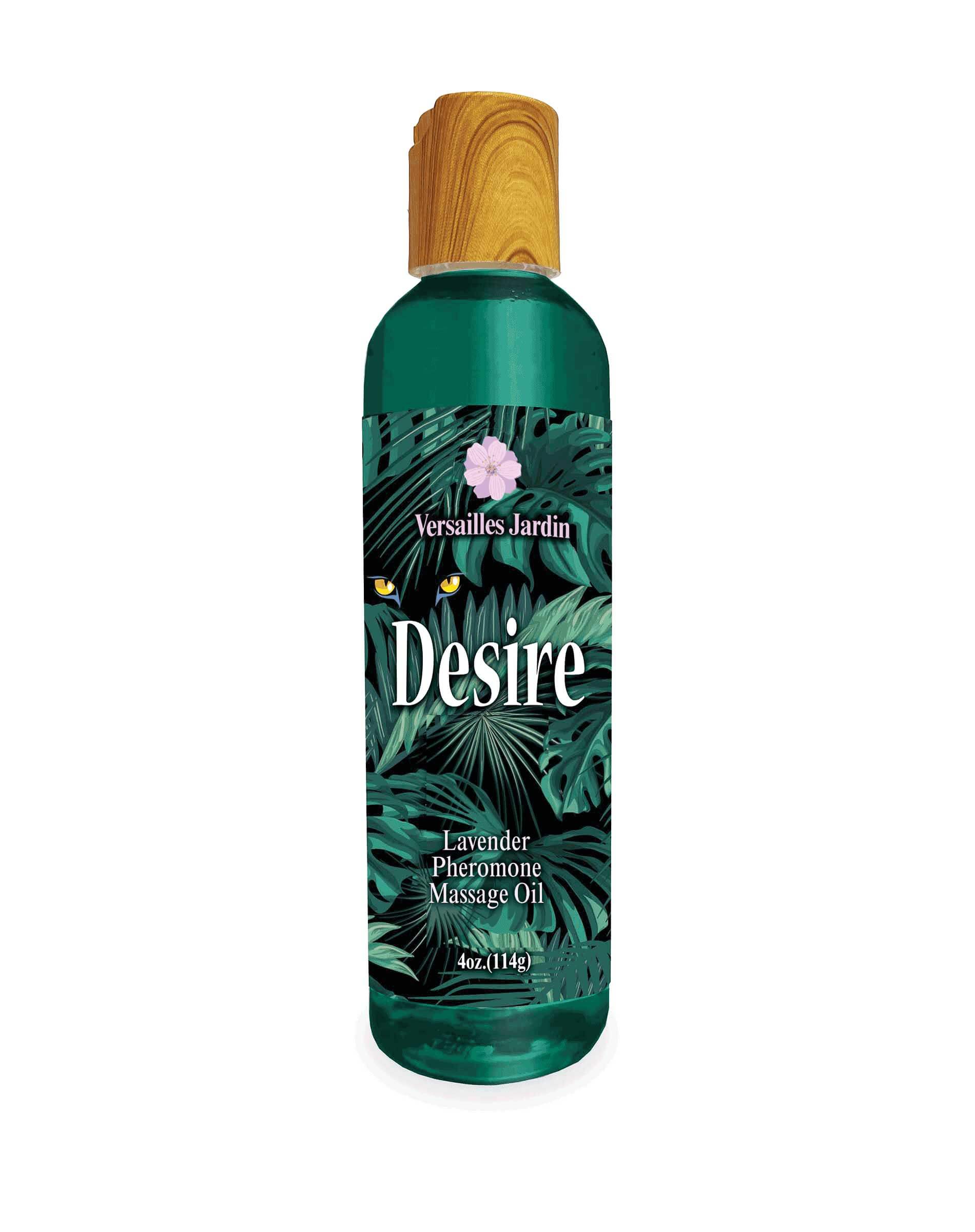 Desire Pheromone Massage Oil Lavender 4 Oz bottle with tropical design and wooden cap