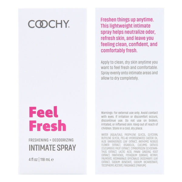 Coochy Intimate Feminine Spray 4 Oz packaging design featuring 'Feel Fresh' branding for intimate care.