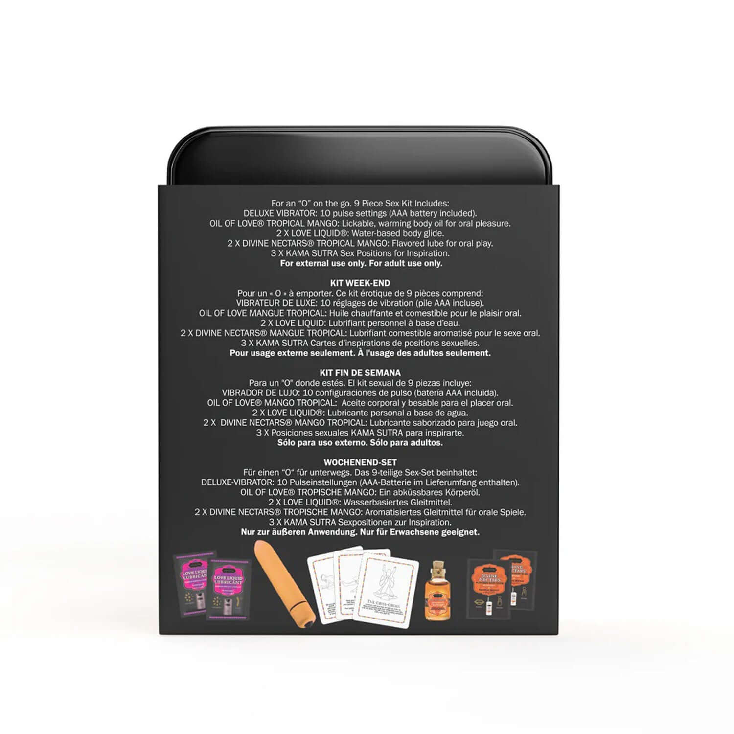 Back view of Kama Sutra Weekender Kit Vibe Tropical Mango packaging with product details and contents displayed.