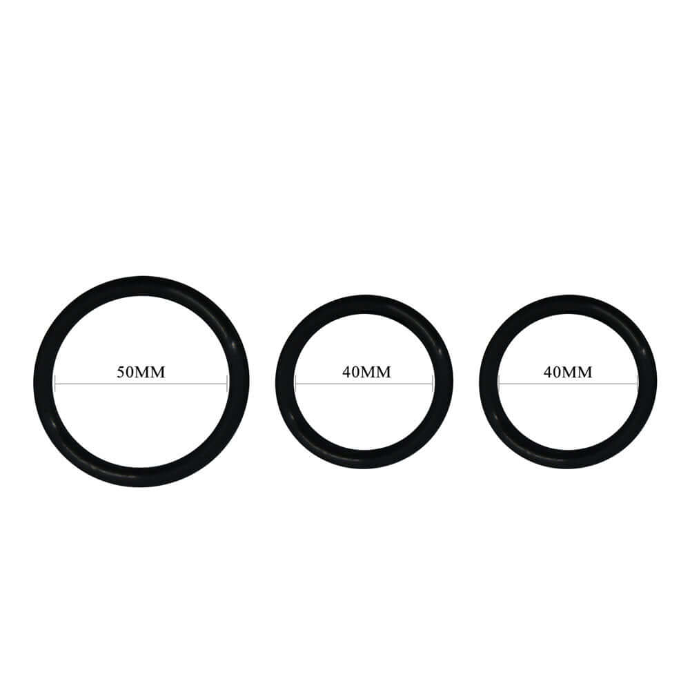 Set of three black silicone rings in 50mm and two 40mm sizes, ideal for various applications and uses.