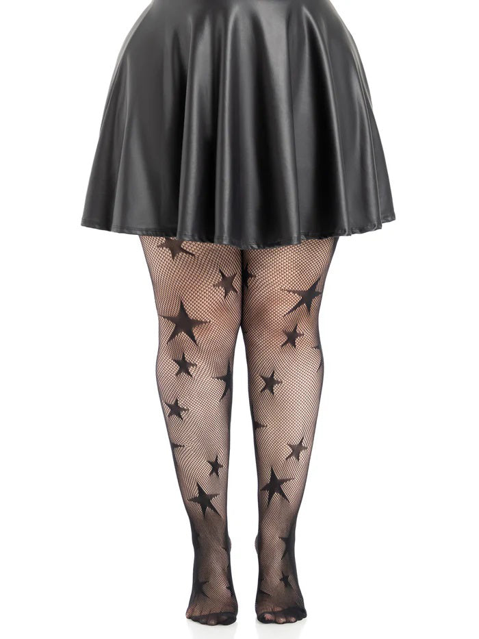 Leg Avenue Star Net Tights 1X 2X Black shown with a black skirt, featuring a star net pattern perfect for stylish plus-size outfits.