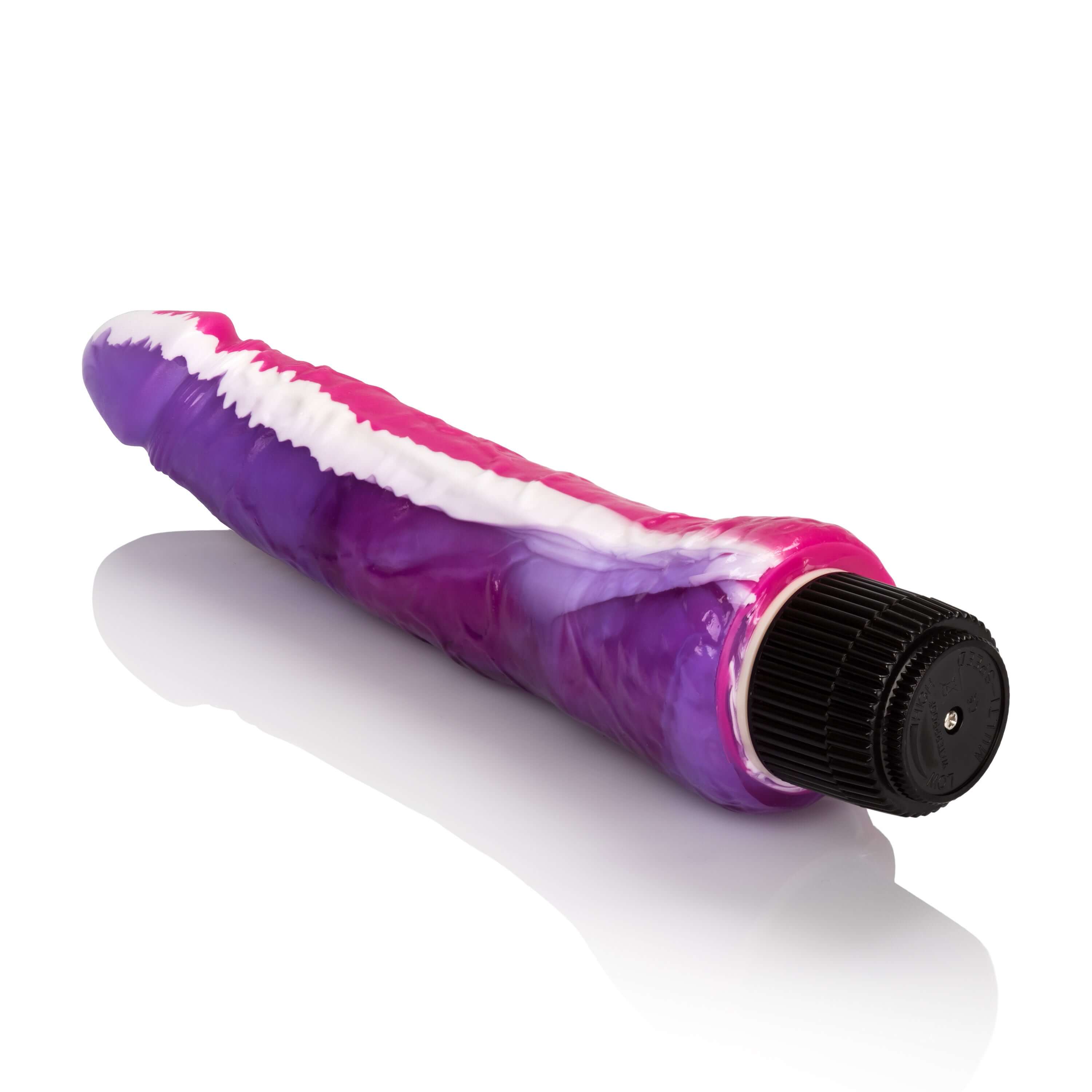 Funky Jelly Curved Vibrator 7.5 Inches Pink Purple on a reflective surface.