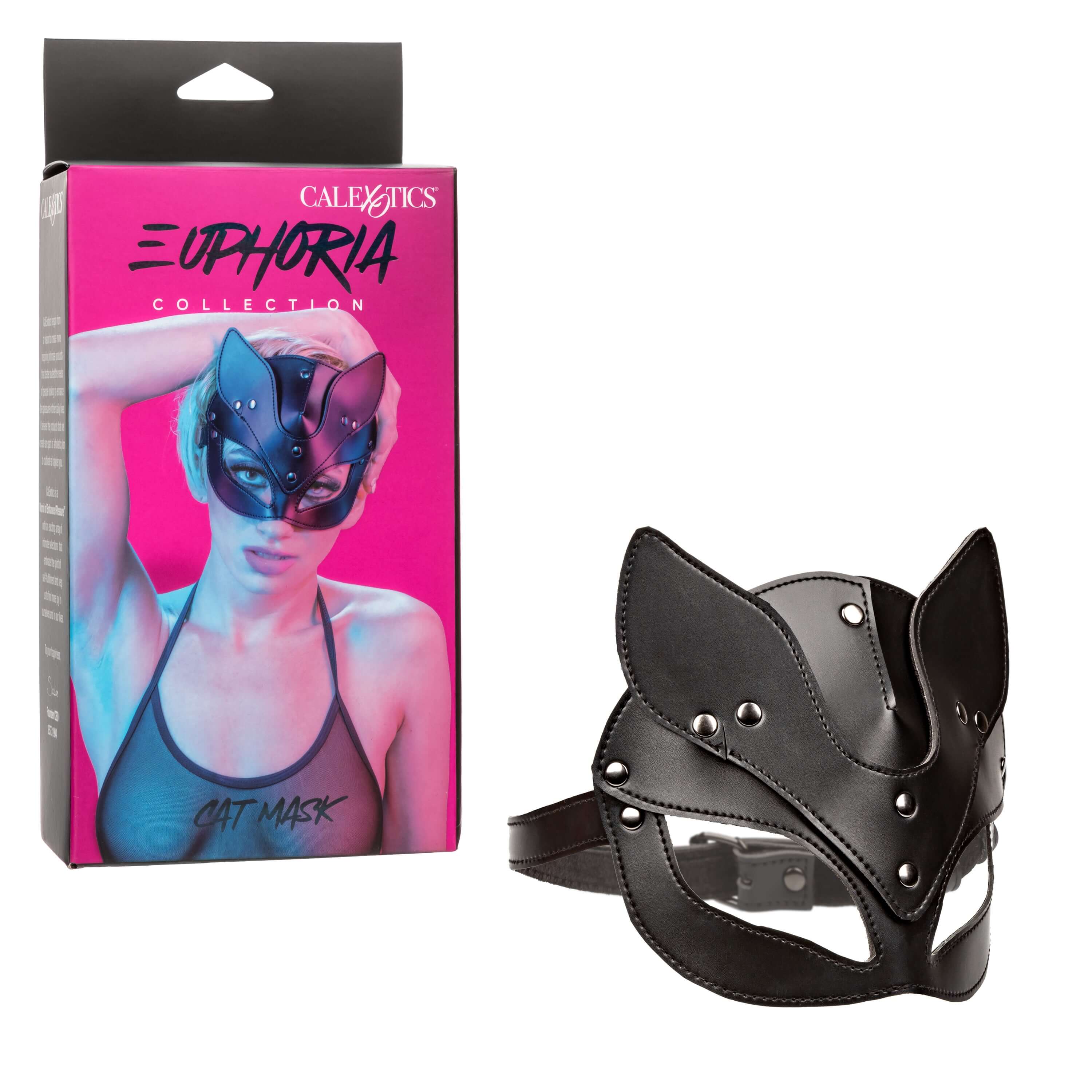 Euphoria Collection Cat Mask Black displayed with packaging, designed for role-play and intimate self-expression.