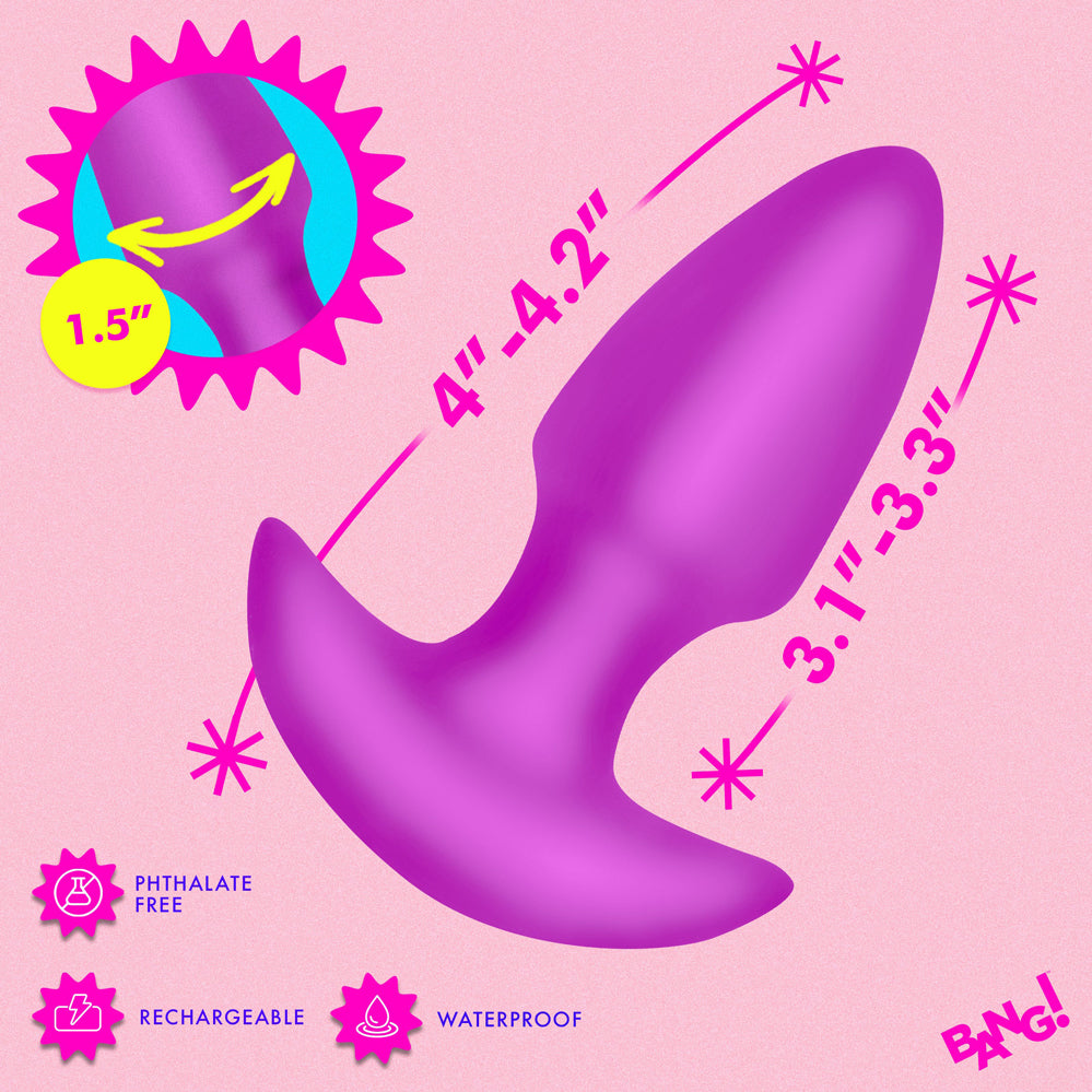 Bang Thrusting and Vibrating Silicone Butt Plug Purple dimensions and features infographic.